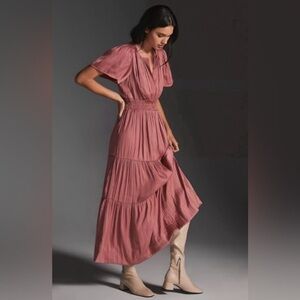 Anthropologie Somerset Maxi Dress Smocked Tiered Pink Blush Mauve Size Small